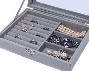 Schmucktablett Schmucklade Schmuckkästchen mit Glasdeckel grau für Ring + 3 Fächer
